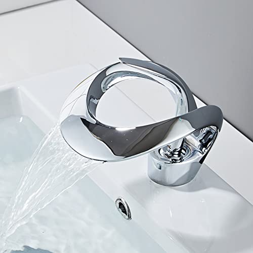 Waterfall taps Chrome,Brass Waterfall Widespread Single Handle One Hole Bathroom Tap with Hot and Cold Switch (Chrome) - Image 3