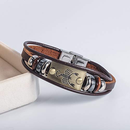 Image of Young & Forever Zodiac Sign Multi-Strand Genuine Leather Bracelet for Men & Boys - Adjustable Tribal Wristband with Antique Metal Charm