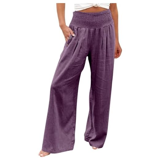 Pantalon Fluide Femme Été Pas Cher Pantalon Lin Femme Léger Chic et Elegant de Travail Pantalon Linen Pants Women Boheme Corsaire Yoga et Pilates Pantalons Taille Elastique Vetement(Violet,XL)