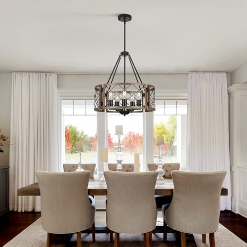 5-Light-Farmhouse-Chandelier-Brown-Rustic-Chandelier-for-Dining-Room-Wood-Texture-Adjustable-Pendant-LightDrum-Chandelier-for-Kitchen-Island-Entryway-Bedroom-Hallway189E26 5 Light Farmhouse Chandelier Brown Rustic Chandelier for Dining Room Wood Texture Adjustable Pendant LightDrum Chandelier for Kitchen Island Entryway Bedroom Hallway189E26