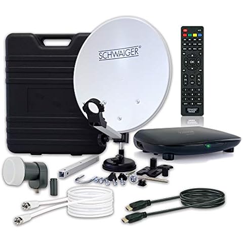 SCHWAIGER 9604 Camping-Sat-Anlage Komplett-Set digital Camping-Zubehör Satelitenschüssel SAT-Koffer inkl. Single LNB Sat Receiver HD Satelliten-Kabel 10m Sat Antenne Stahl 35 x 38cm Cover