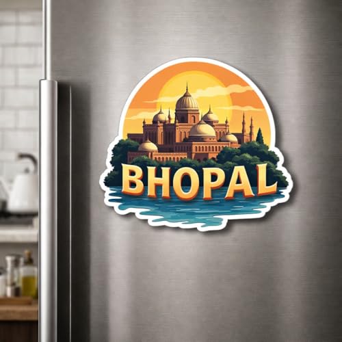 Image of Naxon Bhopal City of Lakes Souvenir Wooden Fridge Magnet | Upper Lake, Taj-ul-Masajid Landmark Design 3x3 Inch Refrigerator Magnet for Kitchen & Home Decor | Travel Gift from Bhopal MP | Pack of 1