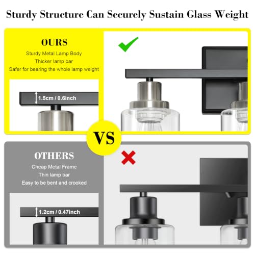 Image of Ascher Bathroom Vanity Light Fixtures, 3 Light Wall Sconces Lighting with Clear Glass Shade, Black and Brushed Nickel Wall Lights for Mirror, Kitchen, Living Room, E26 Base (Bulbs Not Included)