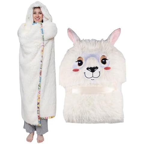 Llama Wearable Hooded Blanket – Fluffy Soft Shaggy Faux Fur - Warm and Cozy Oversized Blanket Hoodie with Hand Gloves- Sherpa and Flannel Fleece Hoodie Blanket - Llama Gifts for Women Adults and Kids Cover