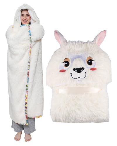 Llama Wearable Hooded Blanket Fluffy Soft Shaggy Faux Fur - Warm and Cozy Oversized Blanket Hoodie with Hand Gloves- Sherpa and Flannel Fleece Hoodie Blanket - Llama Gifts for Women Adults and Kids