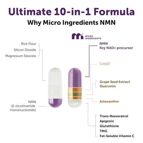 Image of Micro Ingredients NMN Complex 1000mg Per Serving, 120 Veggie Capsules | 10-in-1 with Nicotinamide Mononucleotide, Resveratrol, CoQ10, Quercetin & Glutathione | NAD+ Supplement Precursor | Filler Free