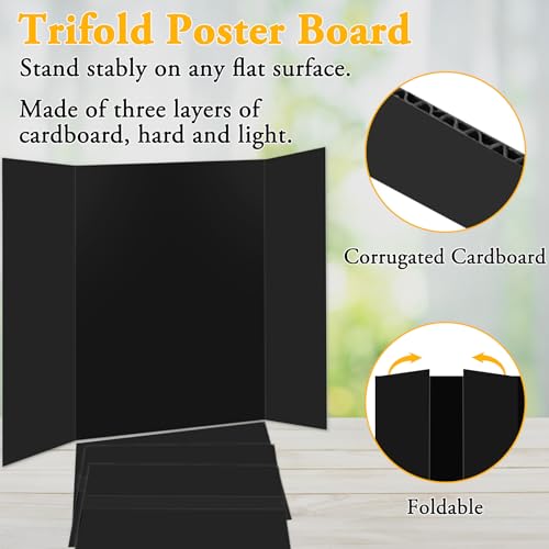 AKONEGE 4PCS Medium Trifold Poster Board 26\" x 16\" Black Tri Fold Presentation Boards, Corrugated Cardboard Picture/Project Display Boards for Event, Exhibition, Business, School Project, Science Fair