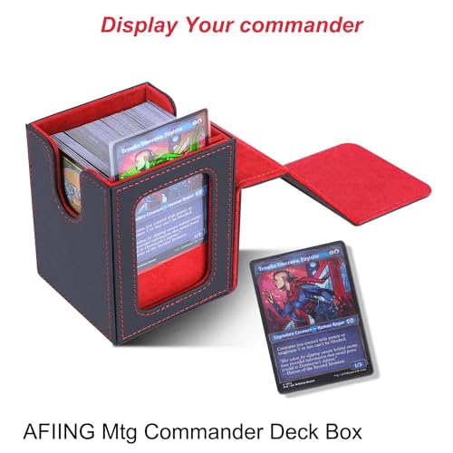 Image of AFIING MTG Deck Box for Commander Display,Card Deck Box Fits 100 Double Sleeved Cards, Magic Commander TCG Card Storage Box with 2 Dividers,Drawstring Bag and 1 Toploader(Black /Red)