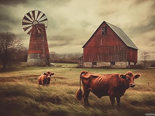Peinture diamant 5D adulte moulin à vent rouge toile broderie diamant vache des Highlands 30x40