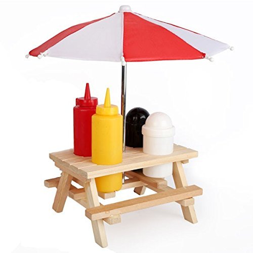 THW® Miniature Picnic Table BBQ Backyard Condiment Holder Set with Removable Umbrella/Squeeze Bottle Set/Salt and Pepper Bottle Set