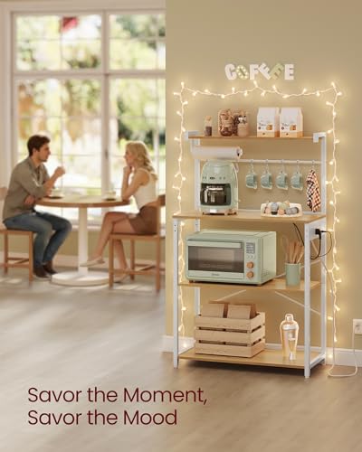 Image of VASAGLE BARNET Collection - Kitchen Bakers Rack with Power Outlet, 31.5-Inch Wide Coffee Bar 4-Tier with 8 S Hooks, Modern Microwave Stand, Adjustable Shelf, Golden Oak and Cloud White UKKS029YA01