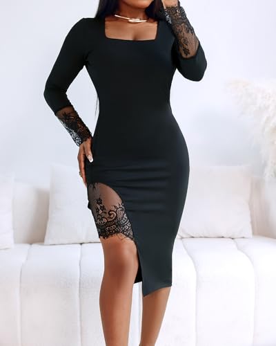 Women's Long Sleeve Bodycon Dress Square Neck Lace Patch Cocktail Party Dress Elegant Side Slit Midi Dress3