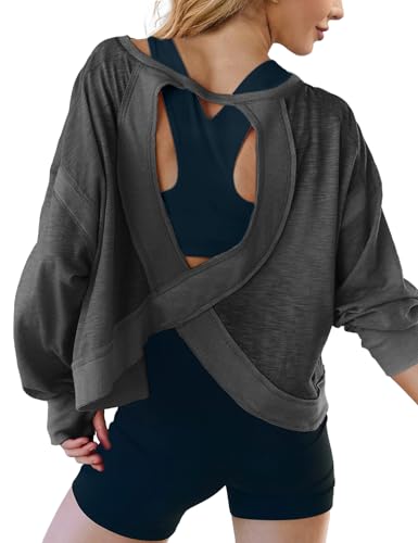 Image of UNIANKIYA Open Back Workout Tops for Women Long Sleeve Cropped Athletic Clothes Gym Running Yoga Low Impact Sports T Shirts