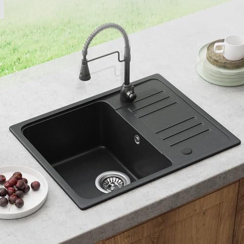 HOROW Granite 1.0 - Fregadero de cocina reversible de una sola taza, 57 x 45 cm, resistente a los arañazos, a prueba de manchas, autocuración, diseño ranurado, con desagües y rebosadero (clásico