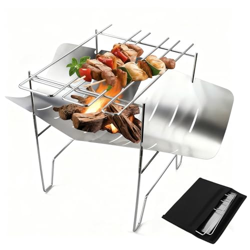 Coollooda 焚き火台 折りたたみ式 A4収納【組み立て簡単・耐荷重約5kg】バーベキューコンロ BBQグリル ステンレス製 耐久性 防錆 軽量 コンパクト 収納袋付き 焚火調理 アウトドア キャンプ ファミリー 39x25cm(銀)