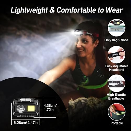 Blukar LED Stirnlampe Wiederaufladbar, Superhell Stufenlos Dimmbar Kopflampe mit 8 Lichtmodi, Sensor und Rotlicht, Leichtgewichtig Wasserdichte Mini Stirnlampe für Joggen, Campen, Angeln usw.