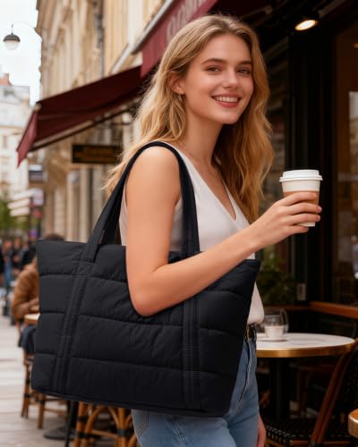 Image of Narwey Puffer Tote Bag for Women Girl, Puffy Travel Gym Shoulder Handbag