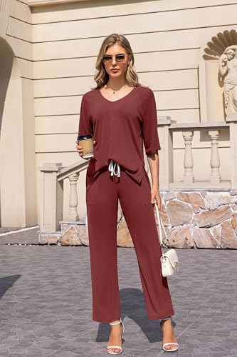 Image of difficort 2 Piece Lounge Sets for Women Summer Outfits Vacation Loungewear | Knit Raglan Short Sleeve Wide Leg pant with Pockets