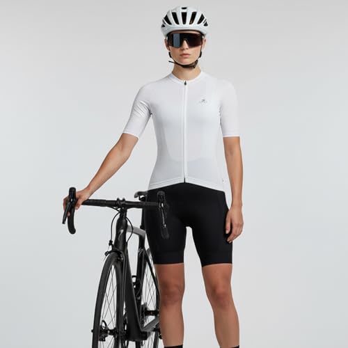spocyclife Radtrikot Damen Kurzarm, Fahrradtrikot Atmungsaktiv Rennrad Trikot Schnell Trocknen Fahrrad Shirt mit 3 Taschen für Frauen Outdoor Sport, Cremeweiß, S