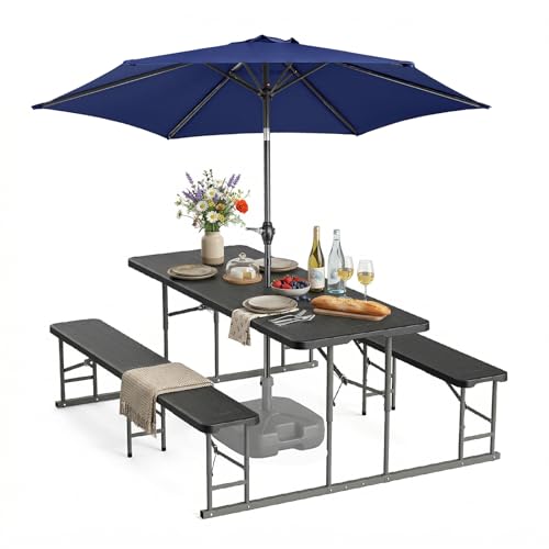 VINGLI Folding Picnic Table and Bench Set with Umbrella Portable Outdoor Dining Furniture for Camping Patio Backyard Wood Grain Plastic Top with Metal Frame with Dark Blue Umbrella