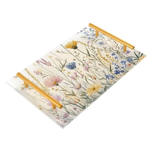 Vanity Tray for Bathroom Countertop Organizer Wildflowers Meadow Flower Vintage Cottagecore Tray Bathroom Vanity Organizer for Perfume Makeup Kitchen Counter Coffee Table Decor
