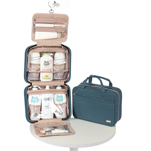 Image of NISHEL Travel Toiletry Bag for women, Portable Hanging Organizer for Family-Sized Shampoo, Conditioner, Brushes Set, Makeup Accessories, Extra Large Size, Lake-Blue