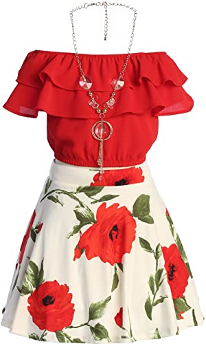 Image of Cold Shoulder Crop Top Ruffle Layered Top Flower Girl Skirt Sets for Girl