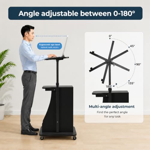 Image of POWERSTONE Sit to Stand Mobile Lectern Teacher Podium Portable Height Adjustable Podium Stand Rolling Laptop Desk Cart with Storage Shelf Swivel Top for Classroom, Concert, Church