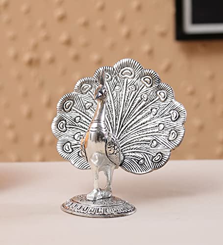 Image of KridayKraft Peacock Metal Statue Idol Decorative Showpiece Feng Shui As Table Top Figurine for Living Room Bedroom Home Office Decor for Decoration & Gifting Purpose (Silver)
