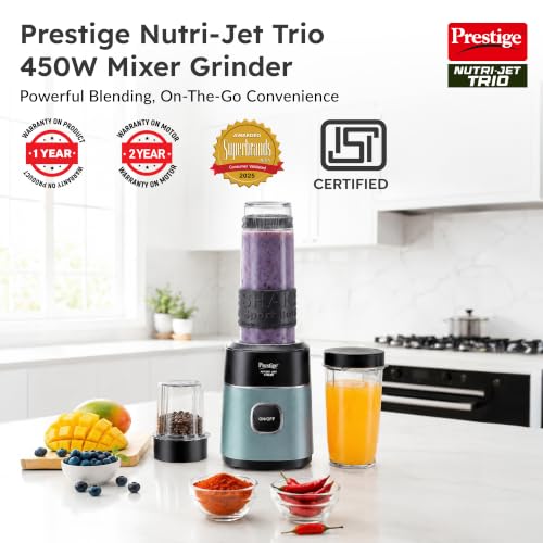 Image of Prestige Nutri-Jet Trio 450 Watt Mixer Grinder with 3 Transparent Jars | Space-Saving Design | Extra Sipper Lid | Stainless Steel Blades | 1Y Warranty | ISI Certified