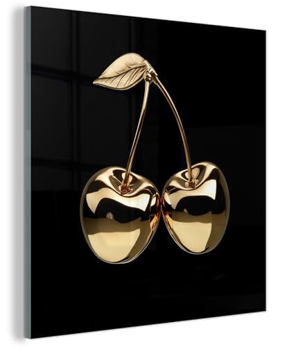 MuchoWow© Tableau en Verre 30x30 cm Décoration Murale Moderne pour Chambre Salle de Bain Salon Idée Cadeau Image Murale Cerises - Noir - Or - Chrome