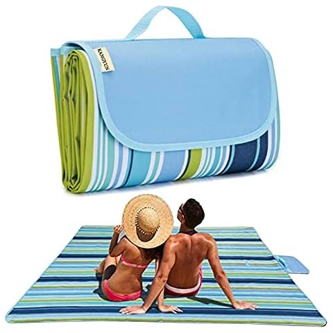 Picnic Blanket | Beach Mat|Picnic Blanket for Indoor and Outdoor, 80" x 57" Sandproof Waterproof Larger Mat for Beach, Travel, Camping, Hiking, Park Grass,Handy Mat Tote, Foldable (Blue Line) … Cover