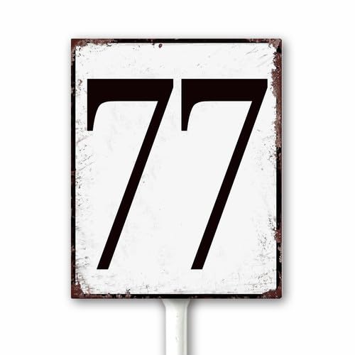 Aluminum Number Sign 77 Metal Numbered Yard Sign With Stake Outdoor for Tennis Court, Parking Lots, Floor, Dock, Court, Aisle, Field, Farm 18x22 CM High Visibility Rust Free (Retro White)