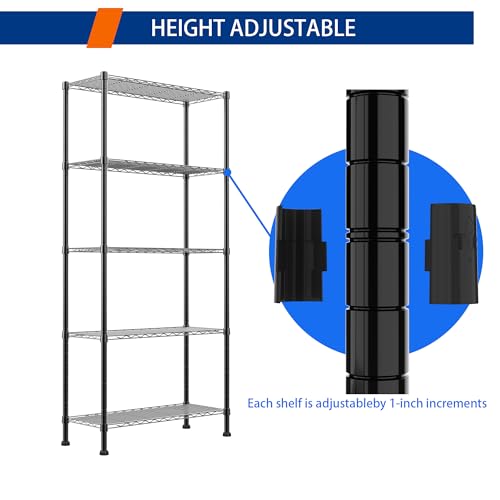 Image of REGILLER 5-Wire Shelving Metal Storage Rack Adjustable Shelves,Standing Storage Shelf Units for Laundry Bathroom Kitchen Pantry Closet(Black,14.1 inch D x 30 inch W x 79 inch H)