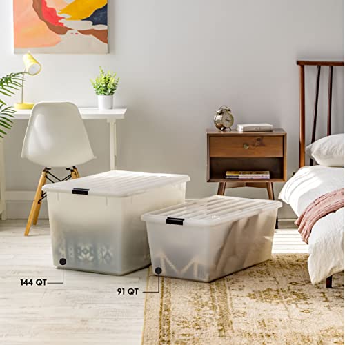 Image of IRIS USA 144 Qt Stackable Plastic Storage Bins with Lids, 3 Pack - BPA-Free, Discreet Organizing Solution, Latches, Durable Nestable Containers, Secure Pull Handle, Made in USA - Pearl