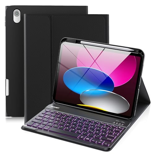 TECKNET Hülle mit Tastatur für iPad A16 11/10 Generation(2025/2022, 11/10.9 Zoll), 7 Farben Beleuchtete Magnetische Abnehmbare Keyboard QWERTZ, Schutzhülle mit Stifthalter für iPad 11./10., Schwarz 1
