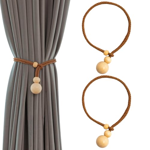 Contoeey Elegant Curtain Tiebacks Rope Drape Tie Back Holder Natural Curtain Ties Window Treatment Holdbacks Wooden Balls,Khaki 2pack