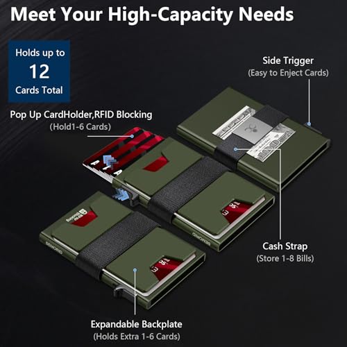 Image of SEMORID Slim Aluminum Card Holder Wallet for Men, Durable Expandable Backplate, RFID Blocking Minimalist Metal Pop Up Wallet, Holds 12+ Cards Plus Cash