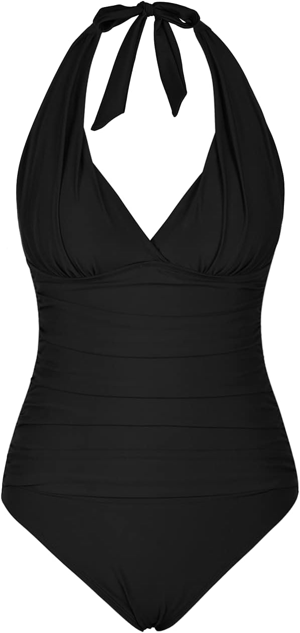 HilorWomen's Halter One Piece Swimsuits Sexy V Neck Monokini Swimwear Ruched Tummy Control Bathing Suits