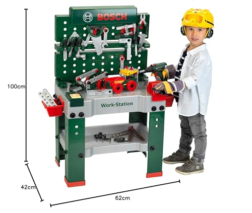 Theo Klein 8485 Bosch Werkbank Nr. 1 | 150-teilig | Inkl. Werkzeuge Und Zubehör | Akkuschrauber Mit Licht & Sound | Spielzeug Für Kinder Ab 3 Jahren, 62 X 42 X 100