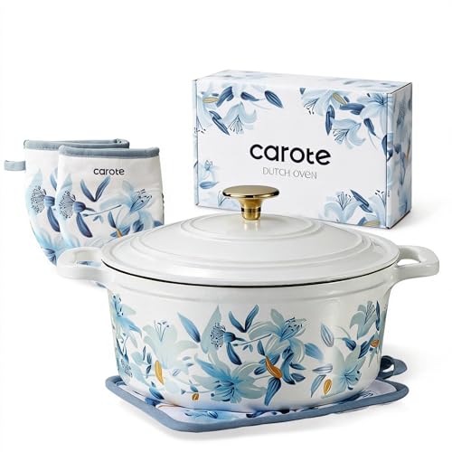 CAROTE 5 QT Cast Iron Dutch Oven Pot with Lid, Enameled Floral Dutch Ovens with Cotton Potholders & Oven Gloves, Gift Box, Cast Iron Pot for Sourdough Bread Baking, Braising, Stews, Roasting, Dual Handles, All Stovetop Compatible, Oven Safe up to 500° F, White & Blue