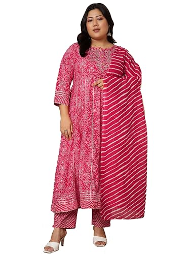 Image of Vbuyz Women's Printed & sequience work A-line Cotton Pink Kurta Pant With Dupatta