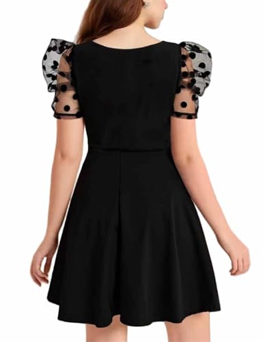 Big Girls Dresses Square Neck Princess Polka Dot Mesh Puff Sleeves High Waist A Line Party Dress for 8-14 Years3