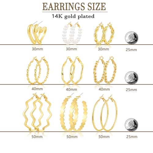 Image of 12 Pairs Gold Hoop Earrings Set for Women, Lightweight Hoop Jewelry