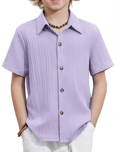 Image of Arshiner Boys Casual Short Sleeve Button Down Shirt Fashion Textured Summer Beach Shirt 3-13 Years Old