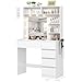 Draelibor Vanity Desk with Mirror, LED Lights and Power Outlet, Makeup Vanity Table with 5 Drawers, 3 Color Modes & Adjustable Brightness, Dressing Table for Bedroom, White