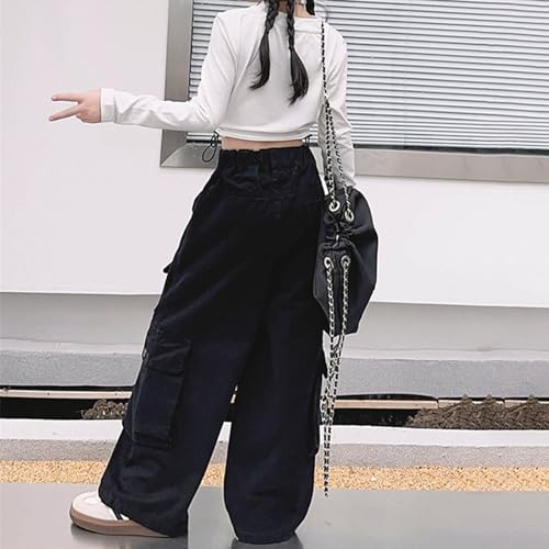 Girls Wide Leg Cargo Pants Solid Casual 𝗩intage Trousers Elastic High Waist Loose Fit Jeans with Multi Pocket4
