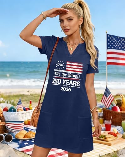 Image of Ithalt 4th of July Dresses for Women Patriotic Dress Red White and Blue Outfits American Flag V Neck Sundress with Pockets