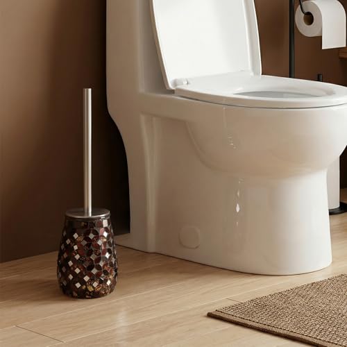 Image of Handmade Mosaic Toilet Brush and Holder Set, Decorative Brown Glass Toilet Bowl Brush with Stainless Steel Handle, Luxury Bathroom Accessories Set, Mosaic Bathroom Decor, Weighted Base