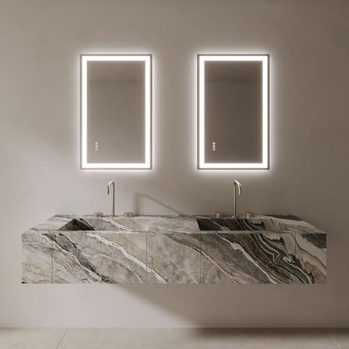 ELEMENTO 24” x 36” LED Bathroom Mirror | Modern Front and Backlit Rectangular Wall Mirror | 3 Light Color Options, Dimmer & Anti-Fog Features | LED Mirror for Bathroom Vanity